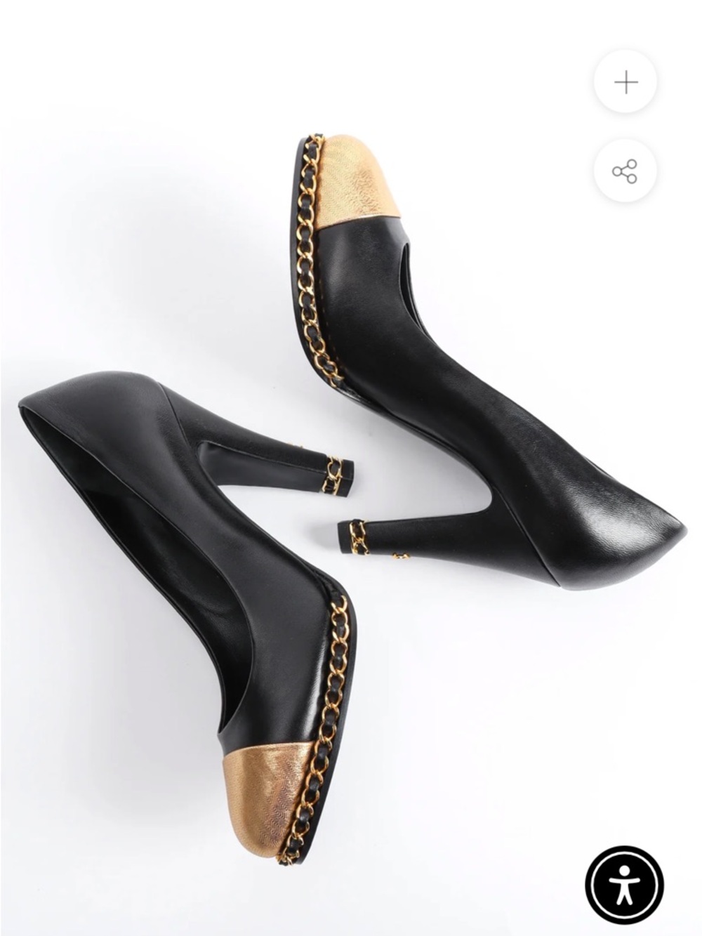 Authentic CHANEL Black Leather Pumps with Gold Cap Toe and Chain Trim